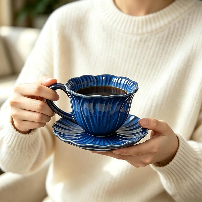 KOOV Latte Cup and Saucer Set of 4, Vintage Hand-Painted 10 oz Ceramic - Image 6