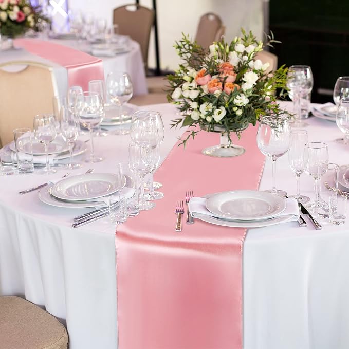 Queekay 24 Pcs 84'' Round Plastic Tablecloth Satin Runner Set, Rose Gold | 84'' - Image 2