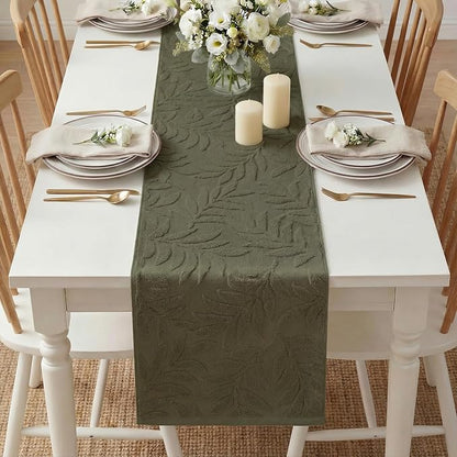 Artoid Mode Olive Green Soft 3D Jacquard Leaves 100%Cotton Spring Table Runner - Image 5