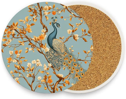 Coasters for Drinks Coaster Drink Set Decorative Coffee Table Desk Cup Mat Spring Cute Cork Bar Backing Round Home Decor Orange Branch Peacock21