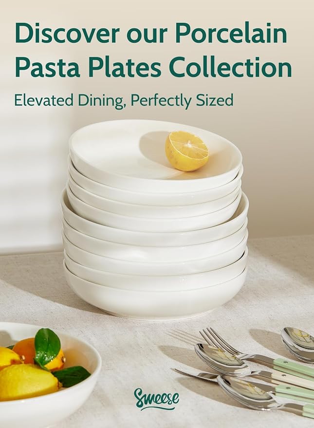 Sweese Large Salad Serving Bowls, 30 Ounce Porcelain White Pasta Plates Set of 6 - Image 8