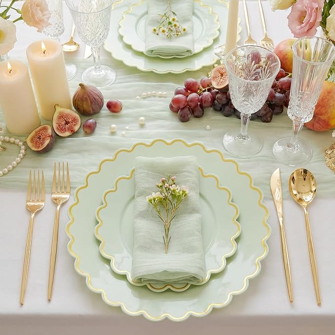 LIYH 100 Sage Green Scalloped Plastic Plates - Image 3