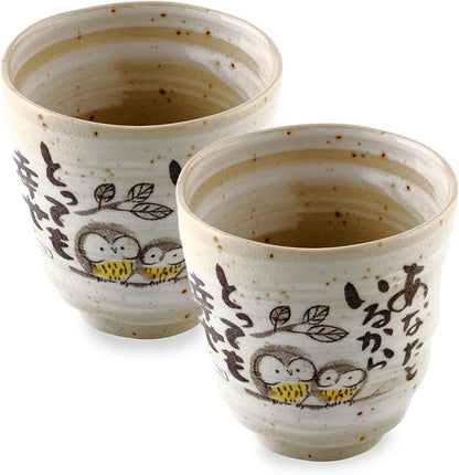 Japanese Tea Cups Handleless Coffee Mugs Owl Design 6.4 oz Set of 2 | MIno by ProductofGifuJapan