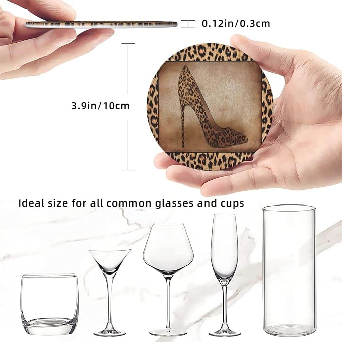 6 Pcs Leopard Print Brown Animal Texture High Heels Leather Coasters - Image 8