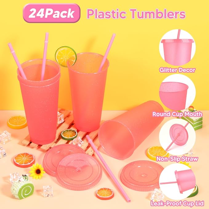 24 Pack Plastic Tumblers with Lids and Straw, Reusable Cups with Lids and - Image 3