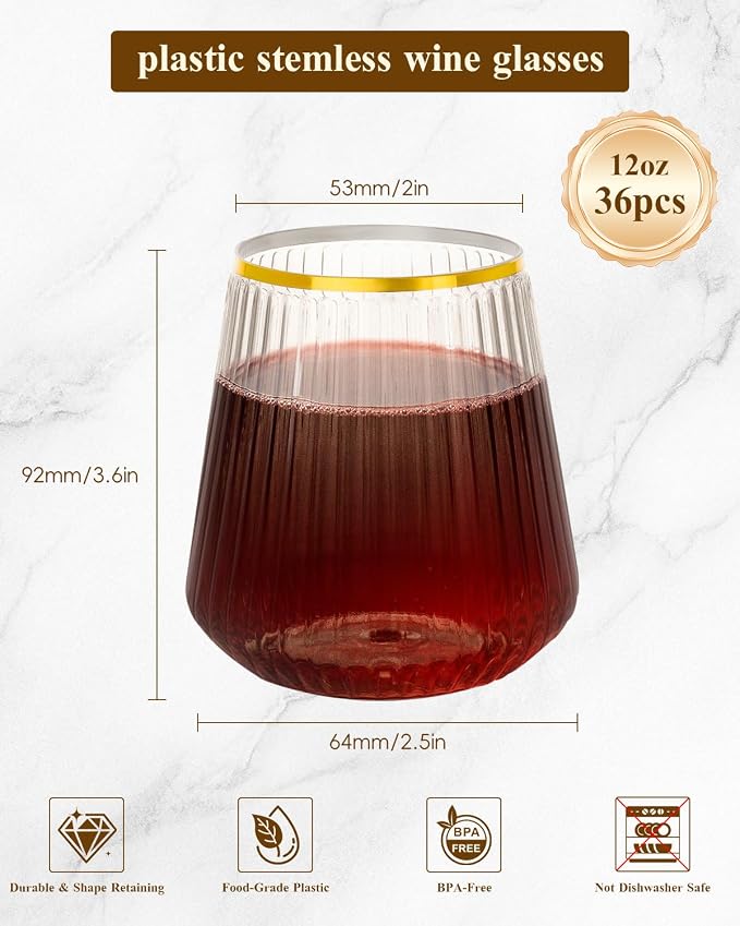 Goodluck 36 Pack 12oz Stemless Plastic Wine Glasses Clear Ribbed Gold Rim | - Image 2