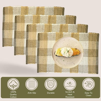 Perilla Home Cotton Placemat Set of 4 Table Mats for Kitchen Dining Home Decor Vintage Boho Rectangle Placemats (Beige and White 13"x19")