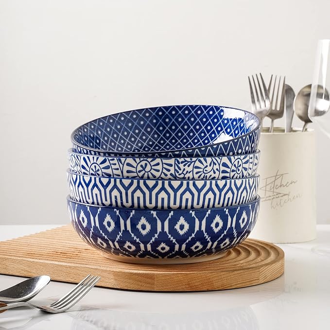 Selamica Ceramic Pasta Bowls Set of 4, Large Salad Bowls, Stackable Serving - Image 5