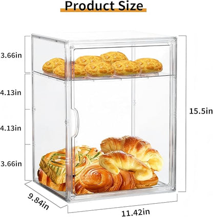 Attelite Pastry Display Case,2 Pack 4 Layers Adjustable Clear Bread Box for Kitchen Countertop,Bread Storage with Magnetic Door Bakery Pastry Display15.5x11.4x9.8inch