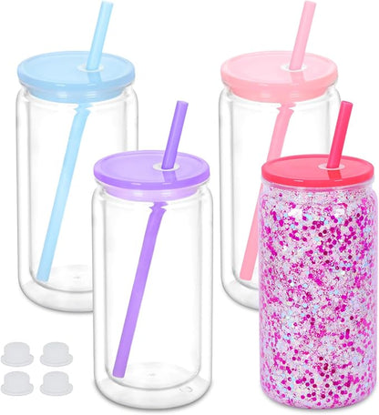 16 Oz Plastic Snowglobe Tumbler, 4 Pack Pre-Drilled Double Wall Plastic Clear by Maucircol