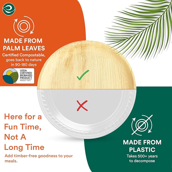 ECO SOUL Palm Leaf Plates 8"(200 Count) Round Compostable Bamboo Plates Heavy- Duty, Biodegradable Eco-Friendly Dinnerware for Christmas Party Dinner, Wedding, Holiday & Event