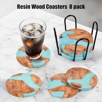 Resin Wood Coaster Set of 8 - Handmade Epoxy Coasters with Holder, Mountain Sea Design for Coffee Table Protection & Home Decor