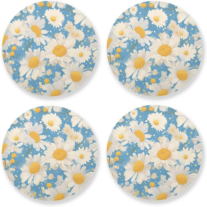 Polka Dots and Tender Chamomile Flowers Set of 4 Drink Coasters Heat Resistant by KLL