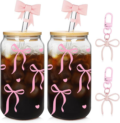 Mason Life Coquette Pink Bow Cute Glass Cups with Lids 2Pack 18OZ Cute Tumbler Glass Cup with Keychains and Straw Covers for Valentines Day Gift Iced Coffee Smoothie Cocktail Matcha Milk Mother's Gift