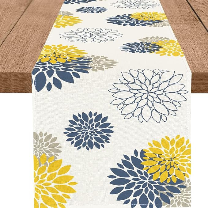 Blue Yellow Gray Table Runner Dahlia Pinnata Flower Beige Table Runners Modern by WHOMEAF