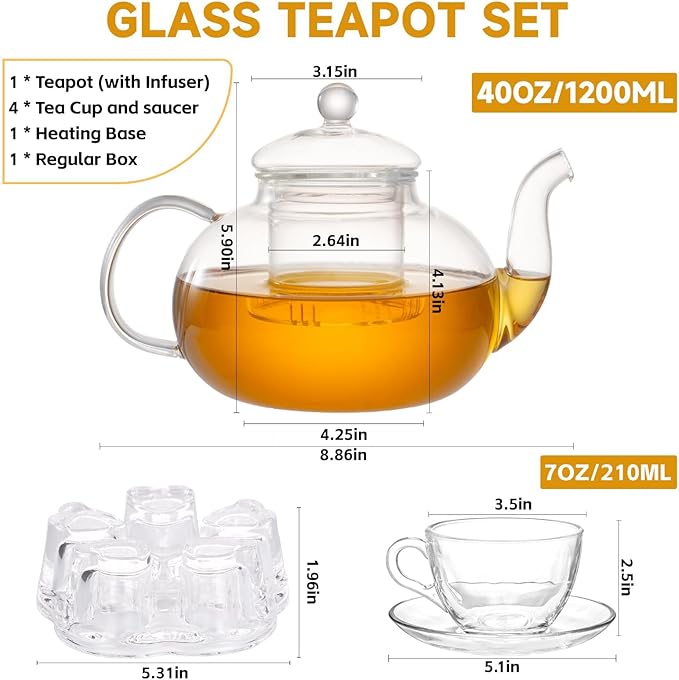 Glass Teapot Set, 40OZ/1200ml Stovetop Safe Glass Tea Kettle - Image 5