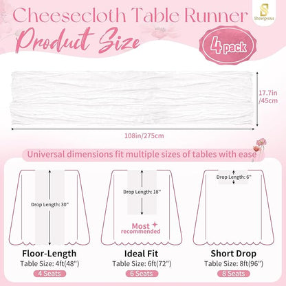 Showgeous 4 Pack White Cheesecloth Table Runner, 17 x 108 Inches | Boho - Image 2