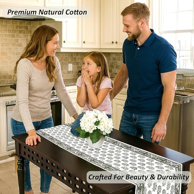 Evergreen Hand Block Print 100% Cotton Reusable Table Runner 16" X 90" Inches - Image 2
