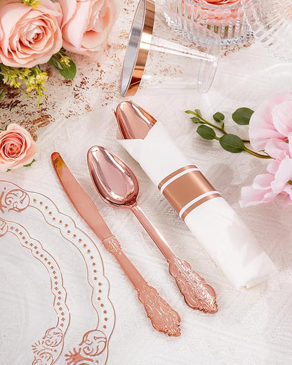 Ciaell 350 PCS Rose Gold Plastic Plates - Rose Gold Disposable Plates Dinnerware Include 50 Disposable Plate, 50 Heavy Duty Silverware, 50 Cups, 50 Napkins for Wedding & Party & Anniversary