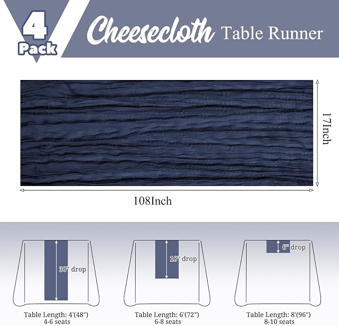 4 Pack Navy Blue Table Runner 17 x 108inch Cheesecloth Table Runner Boho Gauze - Image 3
