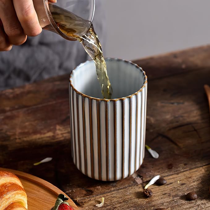 LIFKOME Vintage Ceramic Cup Japanese Style Tea Cup 300ml Striped Drinking Cup - Image 6