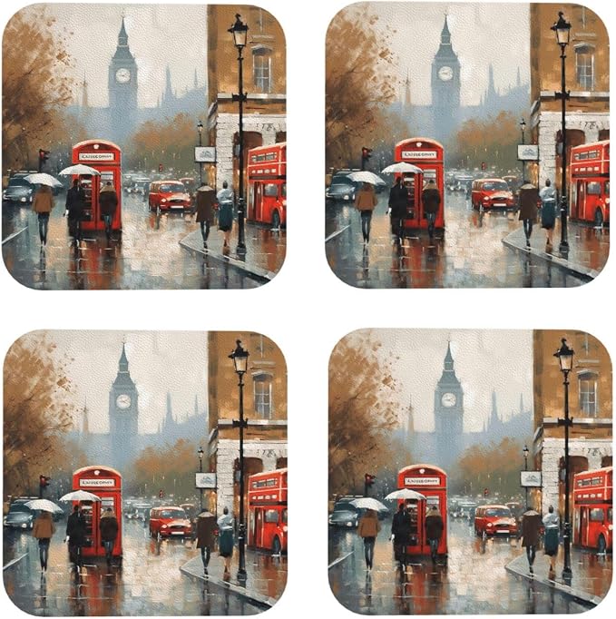 4Pcs Leather Coaster for Drinks London Impression Cup Coasters Aesthetic Drink by WSOIHFEC