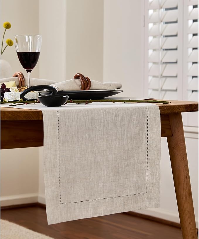 Solino Home 100% Linen Table Runner Natural, Classic Hemstitch 14 x 60 in | - Image 2