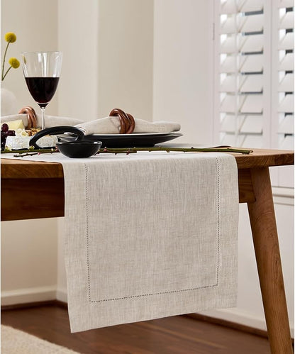 Solino Home 100% Linen Table Runner Natural, Classic Hemstitch 14 x 60 in | - Image 2