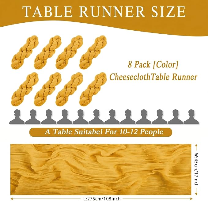8 Pack Gold Cheesecloth Table Runner 17x108 inch Rustic Gauze Table Runner - Image 2