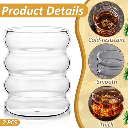 Cunhill 2 Pcs Wave Glass Cup 10 oz Ribbed Bubble Drinking Glassware Creative - Image 4