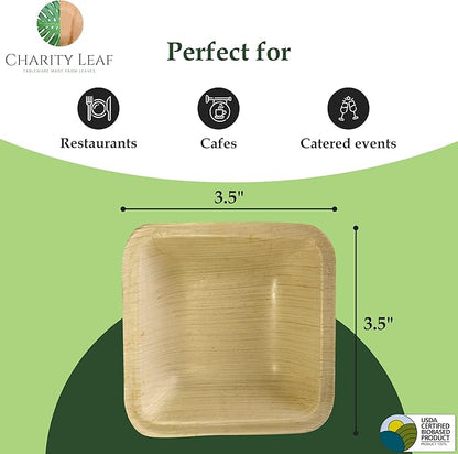 Charity Leaf Disposable Palm Leaf 3.5" Square Mini Bowl (400 pcs) Dipping Bowls | Bamboo Like| All Natural and Biodegradable | Charcuterie Boards, BBQs, and Parties