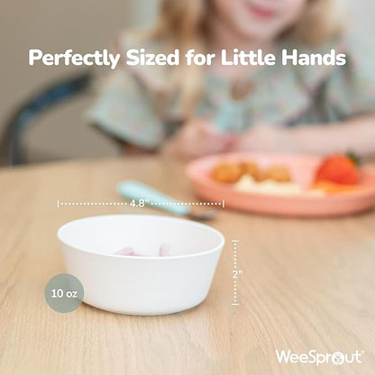 WeeSprout Bamboo Kids Bowls, Set of Four 10 oz Kid-Sized Dinnerware, Cereal, Leftovers & Snack Bowl, Dishwasher Safe (Blue, Yellow, Orange, & Red, 10 Oz)