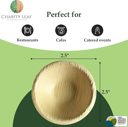 Charity Leaf Disposable Palm Leaf 2.5" Round Mini Bowl (25 pcs) Dipping Bowls | Bamboo Like| All Natural and Biodegradable | Charcuterie Boards, BBQs, and Parties