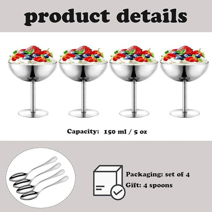 Ice Cream Bowls Stainless Steel Dessert Cups with Spoons Reusable Footed Sundae Cups Ice Cream Cups for Dessert, Frozen Yogurt, Gelato, Birthday Party Decorations (4, Silve)