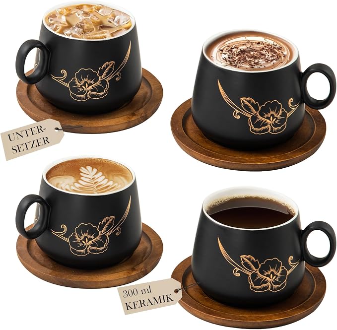 Yundu 10oz Cappuccino Cups & Wooden Saucers Set by YunduHome