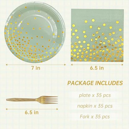 Serve 35 Guests Sage Green and Gold Party Supplies,7 Inch Disposable Sage Green Dessert Paper Plates and Napkins for Wedding Birthday Party