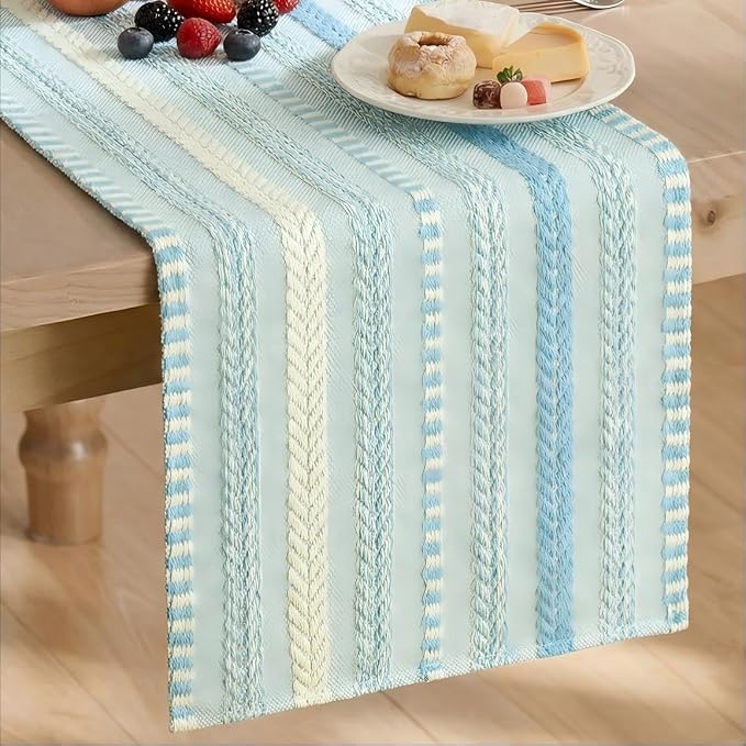 Artoid Mode Sky Blue Farmhouse Stripe Braided Table Runner 12x72 Inch | Holiday by ArtoidMode