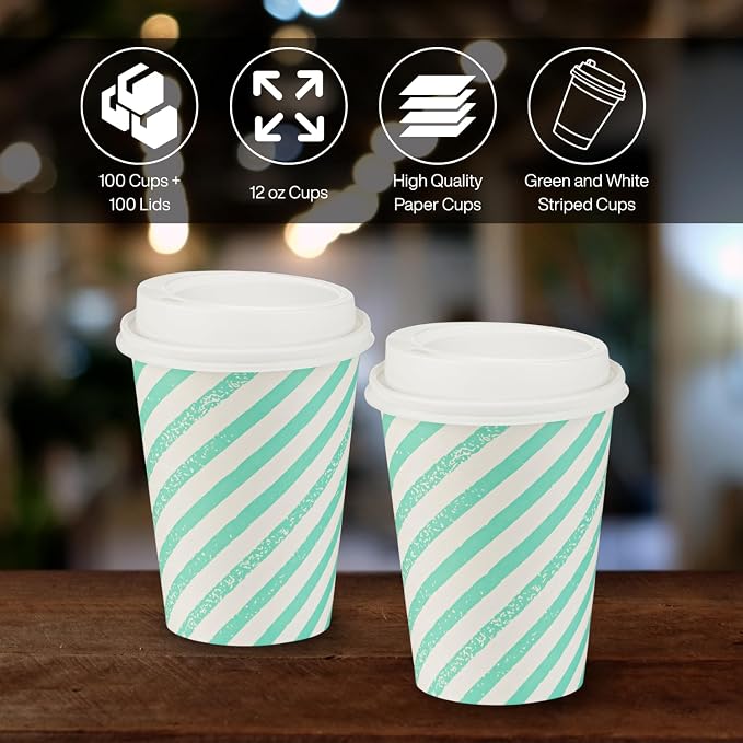 Disposable Coffee Cups with Lids, To Go Paper Hot Cups, Water Blue - Image 3