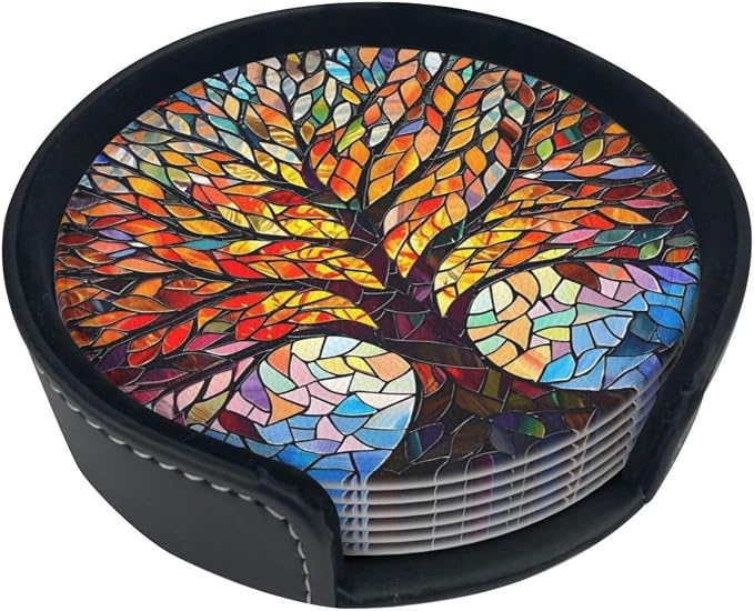 Drink Coasters with Holder Stand Set of 6, Tree of Life Stained Glass Pu - Image 6