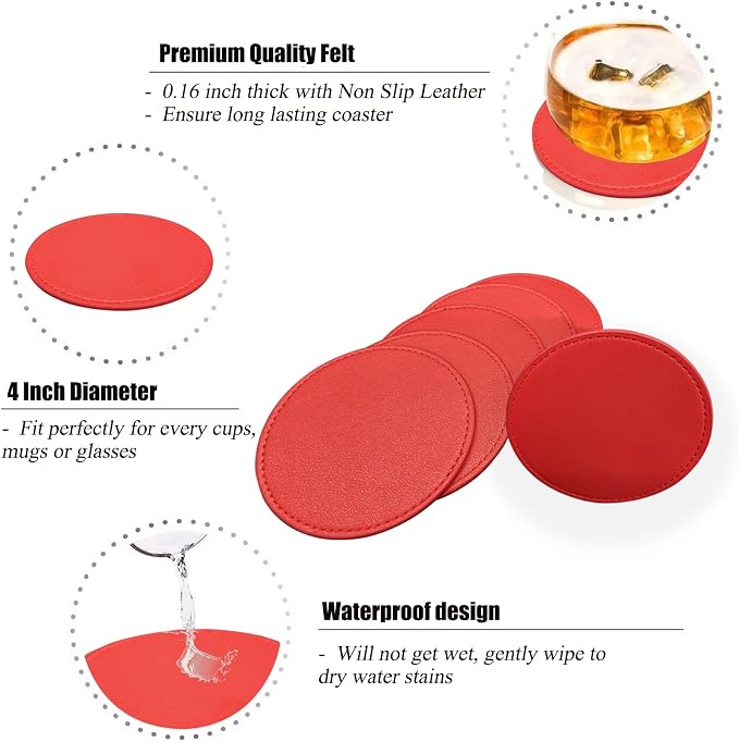 Coasters Set of 6 Soft Leather Drink Coaster Round Coaster - Image 4