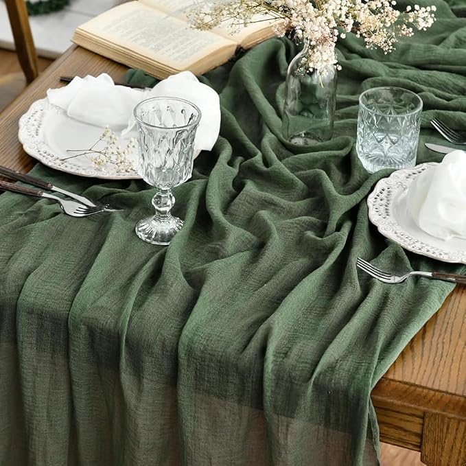 Artoid Mode Boho Forest Green Gauze 3 Pieces Wedding Table Runner, 120 Inch - Image 2