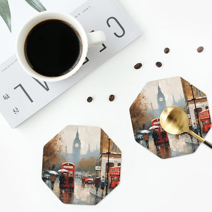 4Pcs Leather Coaster for Drinks London Impression Cup Coasters Aesthetic Drink - Image 8