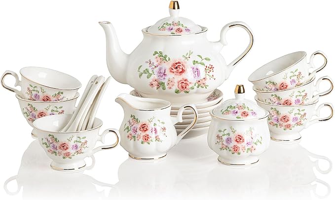 Sweejar Porcelain Tea Set Vintage Floral, British Relief Gold Rim Teapot Cup by Sweejarco1949