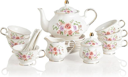 Sweejar Porcelain Tea Set Vintage Floral, British Relief Gold Rim Teapot Cup by Sweejarco1949