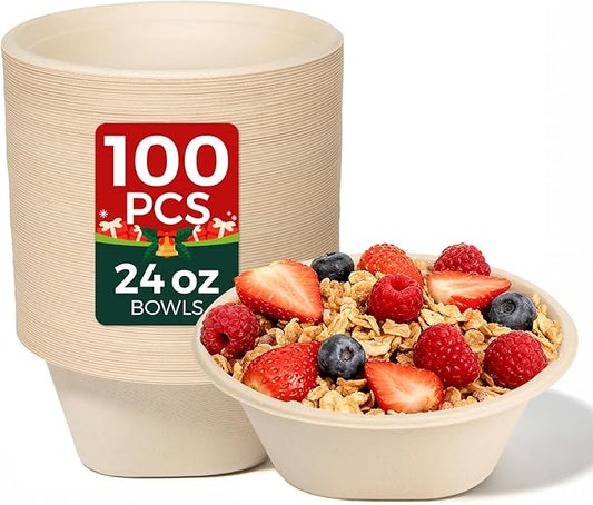 24 OZ Heavy Duty Disposable Bowls - Eco-friendly Sugarcane Bagasse - Biodegradable and Compostable - Ideal for Cereal, Rice, French Fries [100 Pack]