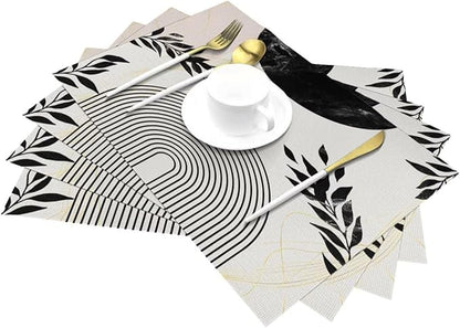 Boho Mid Century Leaf Placemats,Arch Sun Design,Minimalistic Leaves Pattern Luxurious Washable Place Mats 12x18Inch for Dining Kitchen Farmhouse Decor 6 PCS