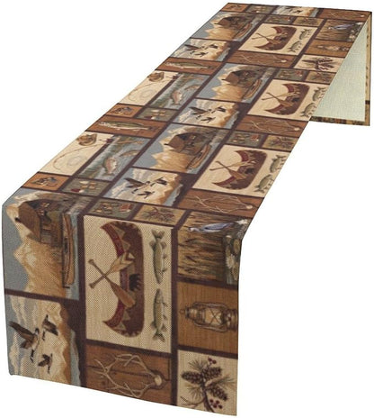 Retro Rustic Style Table Runner, Vintage Moose Deer Bear Leaf Tree Country by SXXLDNG