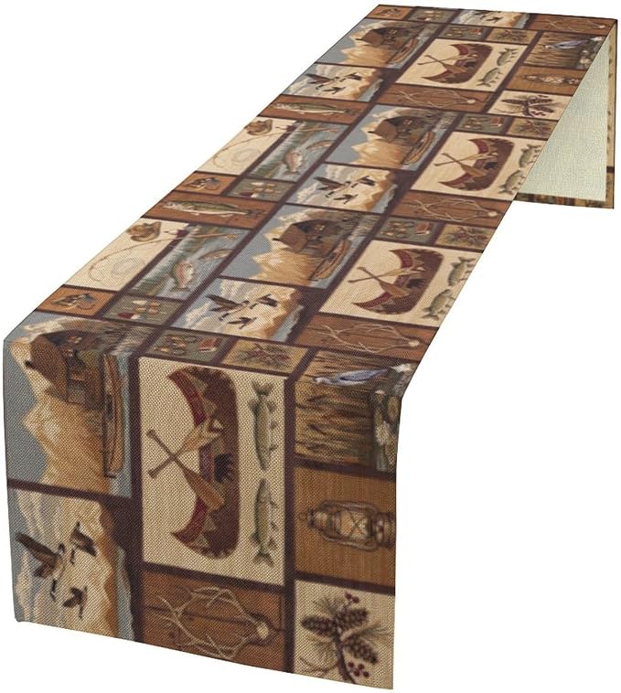 Retro Rustic Style Table Runner, Vintage Moose Deer Bear Leaf Tree Country by SXXLDNG