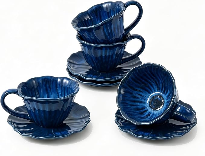 KOOV Latte Cup and Saucer Set of 4, Vintage Hand-Painted 10 oz Ceramic by KOOV