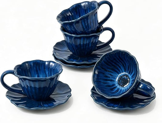 KOOV Latte Cup and Saucer Set of 4, Vintage Hand-Painted 10 oz Ceramic by KOOV